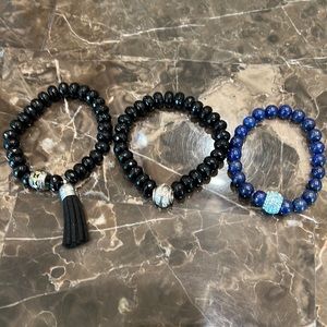 3 glass beaded bracelets 2 black 1 navy